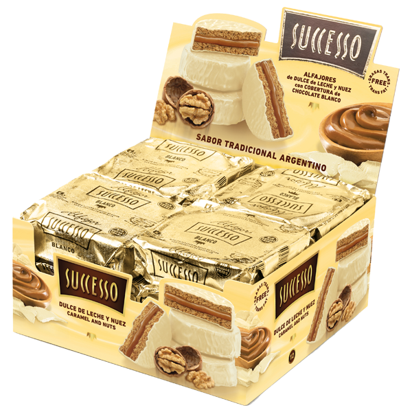 DULCE DE LECHE Y NUEZ CON COBERTURA DE CHOCOLATE BLANCO X 12 UNIDADES DE 50 GRS. C/U.