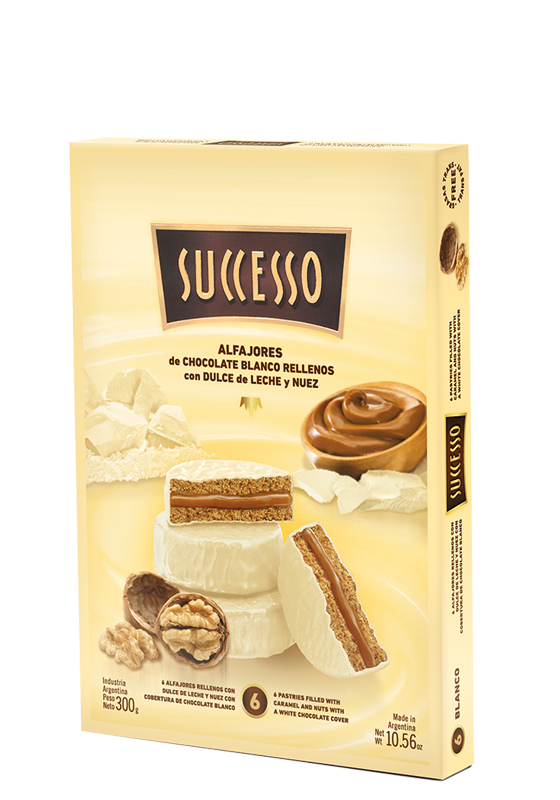 CHOCOLATE BLANCO RELLENO CON DULCE DE LECHE Y NUEZ X 6 UNIDADES DE 50 GRS. C/U.