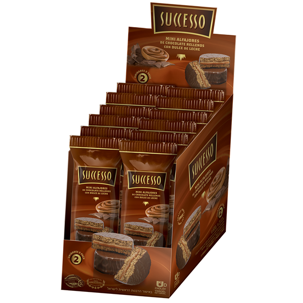 MINI ALFAJOR DE CHOCOLATE RELLENO CON DULCE DE LECHE X 12 PACKS DE 50 GRS. DE 2 UNIDADES C/U.