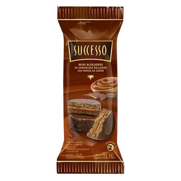 MINI ALFAJOR DE CHOCOLATE RELLENO CON DULCE DE LECHE X 12 PACKS DE 50 GRS. DE 2 UNIDADES C/U.