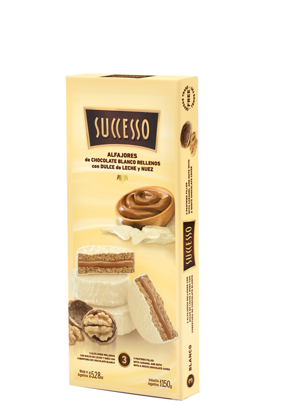 CHOCOLATE BLANCO RELLENO CON DULCE DE LECHE Y NUEZ X 3 UNIDADES