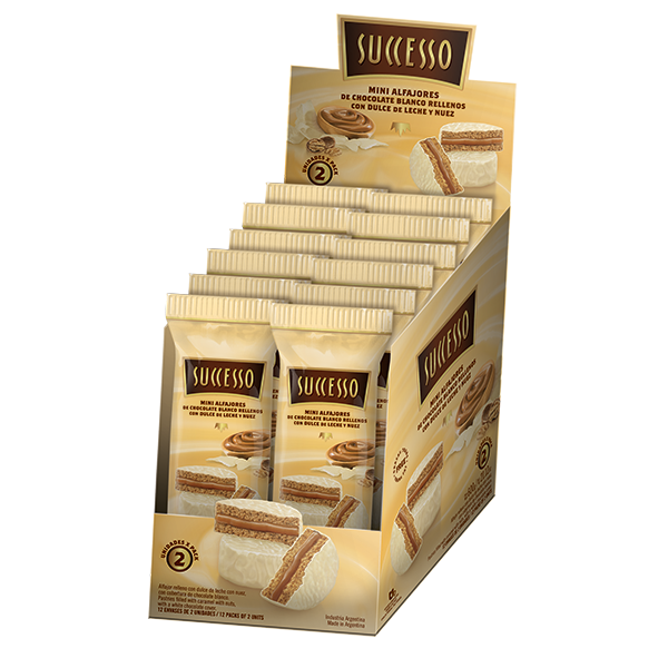 CHOCOLATE BLANCO RELLENO CON DULCE DE LECHE Y NUEZ X 12 PACKS DE 50 GRS. DE 2 UNIDADES C/U.