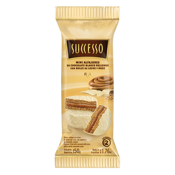 CHOCOLATE BLANCO RELLENO CON DULCE DE LECHE Y NUEZ X 12 PACKS DE 50 GRS. DE 2 UNIDADES C/U.